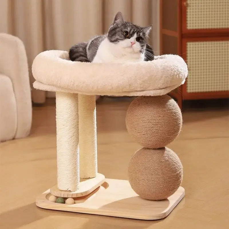 Multi-Function Sisal Cat Scratching Ball and Post – Wooden Cat Toy with Climbing Platform
