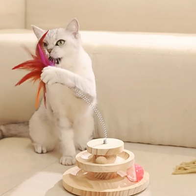 kitty Wooden Cat Toy Tower with Feather Tease